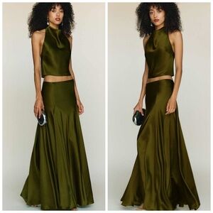 Reformation Sera Silk Two Piece Set Dress Skirt Halter Moss Garden Green Size 8